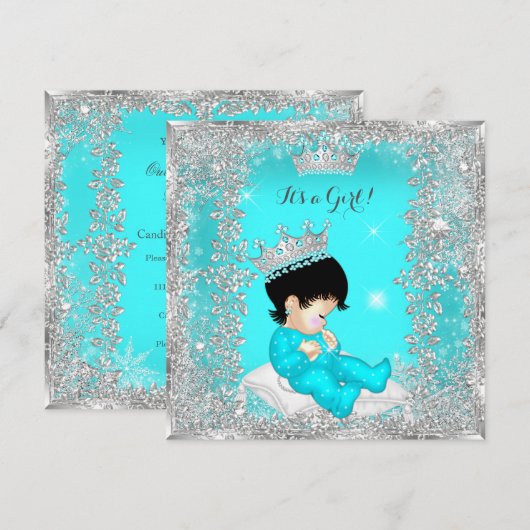 Invitation Princesse Baby shower Turquoise Bleu Argent Brunet (Devant / Derrière)