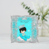 Invitation Princesse Baby shower Turquoise Bleu Argent Brunet (Debout devant)