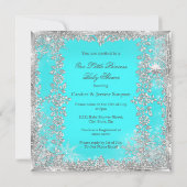 Invitation Princesse Baby shower Turquoise Bleu Argent Brunet (Dos)