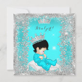 Invitation Princesse Baby shower Turquoise Bleu Argent Brunet (Devant)