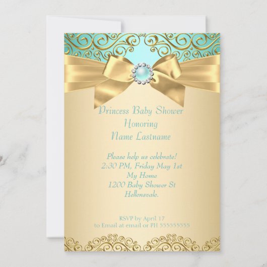 Invitation Princesse Baby shower Turquoise Gold Damask (Dos)