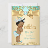 Invitation Princesse Baby shower Turquoise Gold Damask Ethnic (Devant)