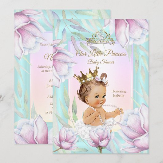 Invitation Princesse Baby shower Turquoise rose Lilac Floral (Devant / Derrière)