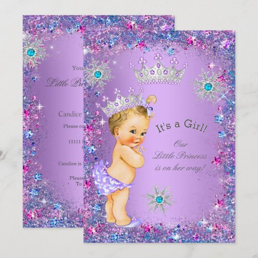Invitation Princesse Baby shower violet Turquoise Blonde rose (Devant / Derrière)