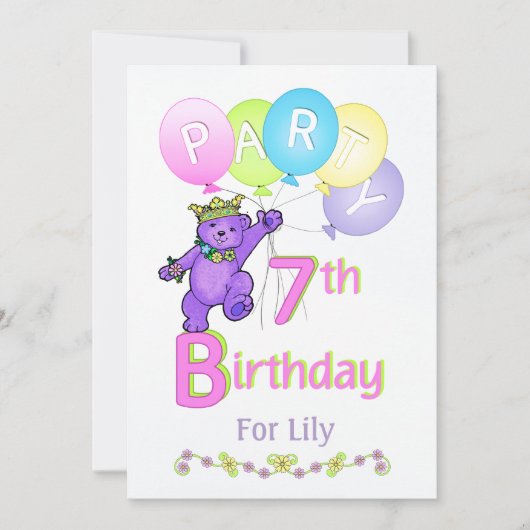 Invitation Princesse Bear 7e anniversaire Nom personnalisé du (Devant)