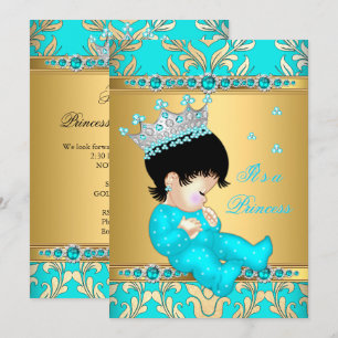Invitation Princesse Bébé Fille de Bain Turquoise Or Perle Br