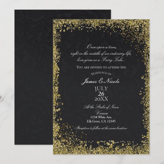 Invitation Princesse Black Damask Élégant Mariage de livre d' (Devant / Derrière)