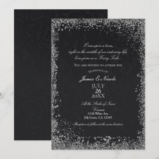 Invitation Princesse Black Damask Élégant Mariage de livre d' (Devant / Derrière)