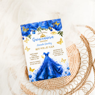 Invitation Princesse Bleu Royal Quinceanera Floral Papillon