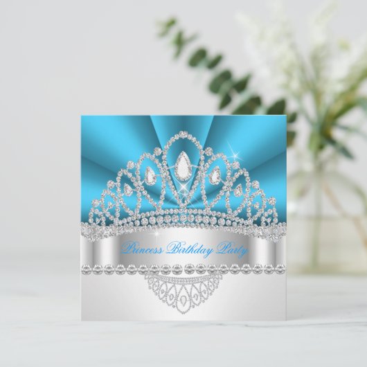 Invitation Princesse Bleue Blanc Diamant Tiara fête d'anniver (Debout devant)