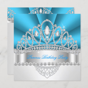Invitation Princesse Bleue Blanc Diamant Tiara fête d'anniver