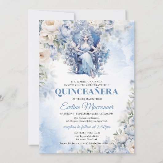 Invitation Princesse Bleue Dusty avec fleurs et Tiara (Devant)