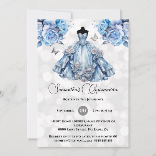 Invitation princesse bleue Quinceañera imaginaire lune rose (Devant)