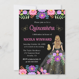 Invitation Princesse blonde robe florale mexicaine Quinceaner