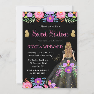 Invitation Princesse Blonde Robe Florale Mexicaine Sweet 16