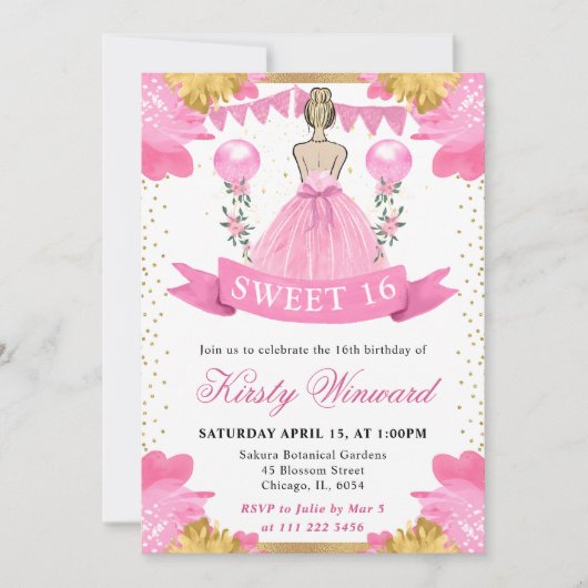 Invitation Princesse Blonde Robe Rose Douze Ans (Devant)