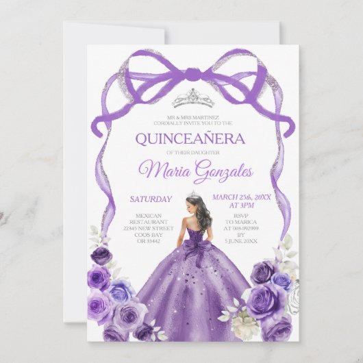 Invitation Princesse Bow pourpre Couronne argent fille Quince (Devant)