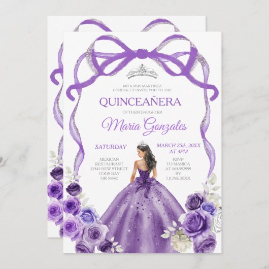 Invitation Princesse Bow pourpre Couronne argent fille Quince (Devant / Derrière)