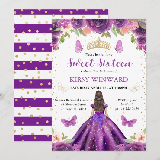 Invitation Princesse Brune Robe Violette 16 Ans Douce (Devant / Derrière)