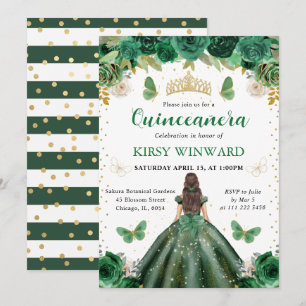 Invitation Princesse Brunette en Robe Verte pour Quinceanera