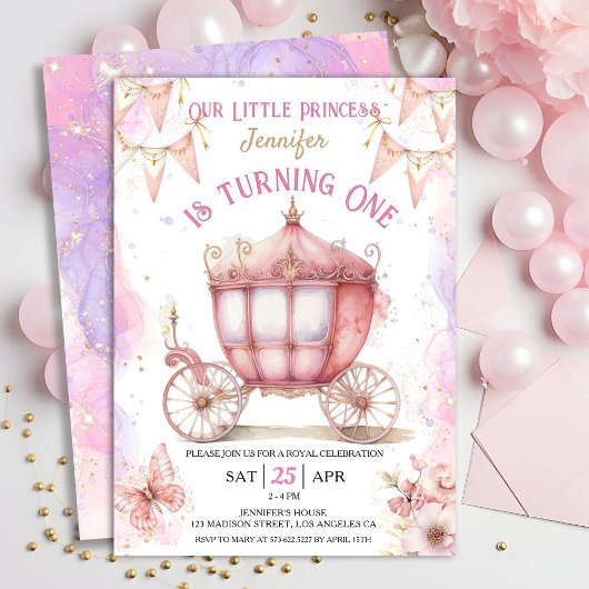 Invitation Princesse Carrie 1er anniversaire fête fille rose