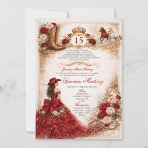 Invitation Princesse Charra Rouge et Or Western 15 Ans Mexica