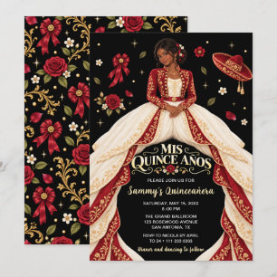 Invitation Princesse Charro Mexicaine Quinceañera Rouge Or