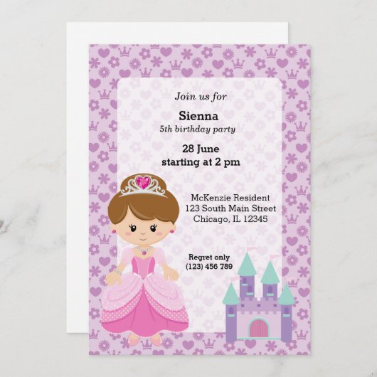 Invitation Princesse & Château (Devant / Derrière)