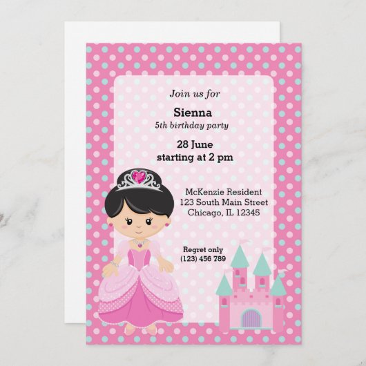 Invitation Princesse & Château (Devant / Derrière)