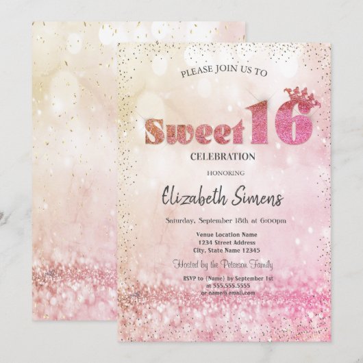 Invitation Princesse Confettis Dorés Bokeh Sweet 16 (Devant / Derrière)