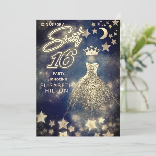 Invitation princesse cool Séquences d'or robe lune étoiles bl (Debout devant)