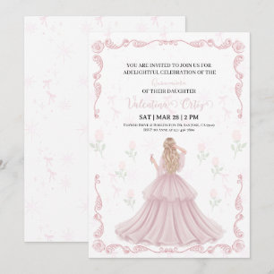 Invitation Princesse coquette Ruban Rose Quinceanera florale