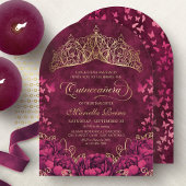 Invitation Princesse Couronne Bourgogne Papillons Quinceanera