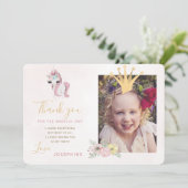 Invitation Princesse couronne rose et or fille photo merci (Debout devant)