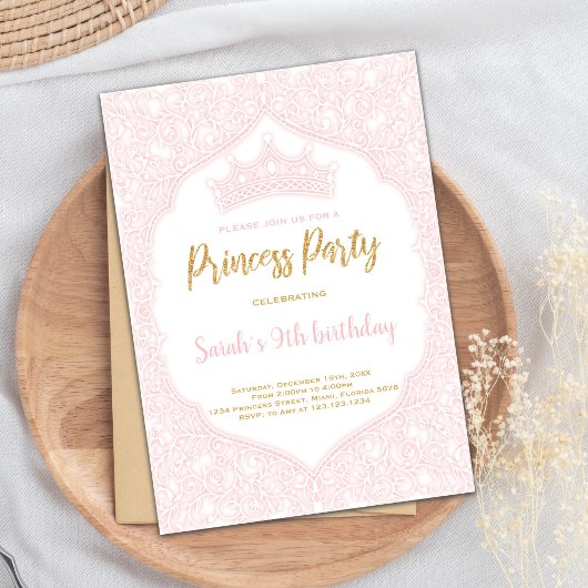 Invitation Princesse Couronne rose personnalisable Anniversai