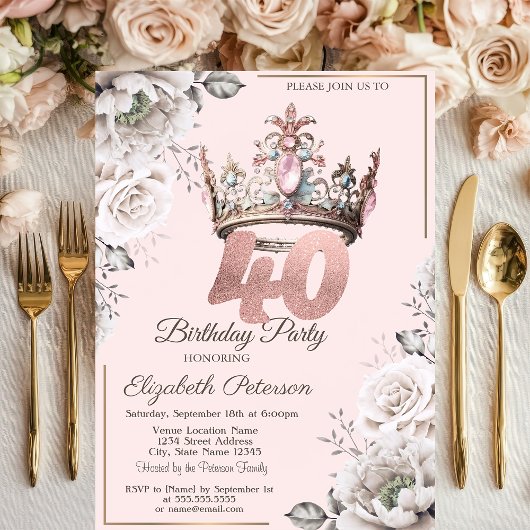 Invitation Princesse Crown Floral 40e fête d'anniversaire
