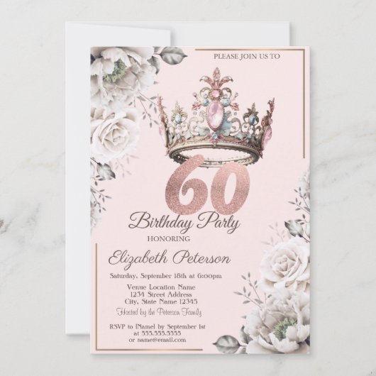 Invitation Princesse Crown Floral 60e fête d'anniversaire (Devant)