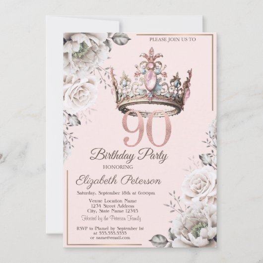 Invitation Princesse Crown Floral 90e fête d'anniversaire (Devant)
