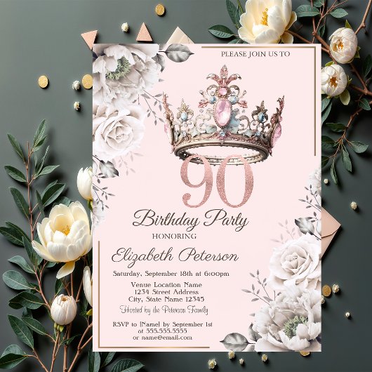 Invitation Princesse Crown Floral 90e fête d'anniversaire