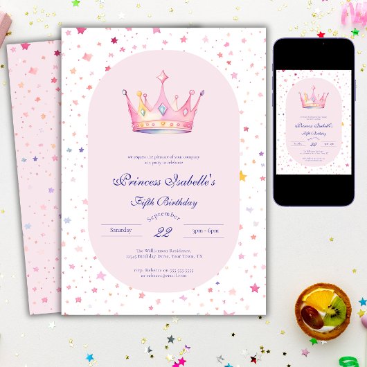 Invitation Princesse Crown Pastel Pink Fairytale 5e anniversa