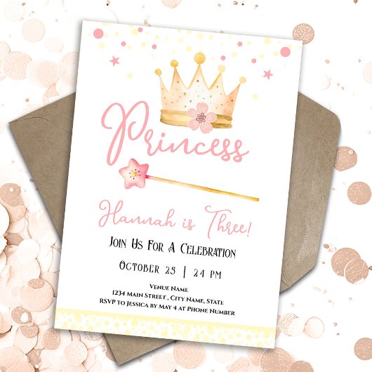 Invitation Princesse Crown Pink 3e Fille Anniversaire