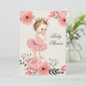 Invitation Princesse dans Tutu Baby shower aux fleurs d'aquar (Debout devant)