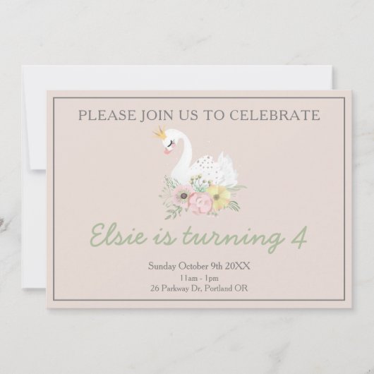 Invitation princesse de cygne jolie fille rose photo d'annive (Devant)