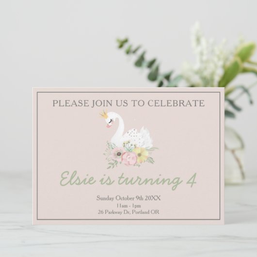 Invitation princesse de cygne jolie fille rose photo d'annive (Debout devant)