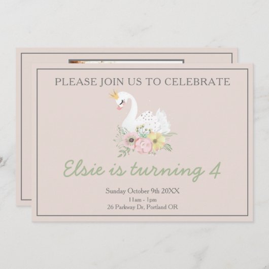 Invitation princesse de cygne jolie fille rose photo d'annive (Devant / Derrière)