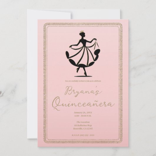 Invitation Princesse de danse valseuse Or Noir Rose Fête (Devant)