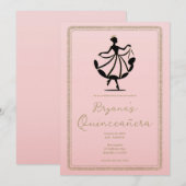 Invitation Princesse de danse valseuse Or Noir Rose Fête (Devant / Derrière)
