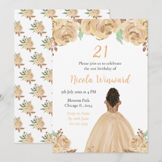 Invitation Princesse de la peau foncée Peach Floral Anniversa (Devant / Derrière)