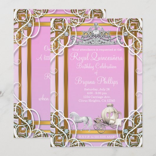 Invitation Princesse d'or rose Couronne & Carriage Quinceañer (Devant / Derrière)