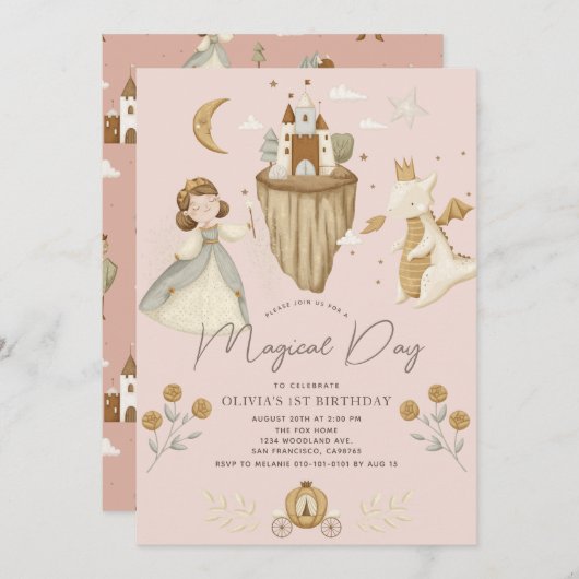 Invitation Princesse & Dragon Boho Fairytale Rose 1er anniver (Devant / Derrière)